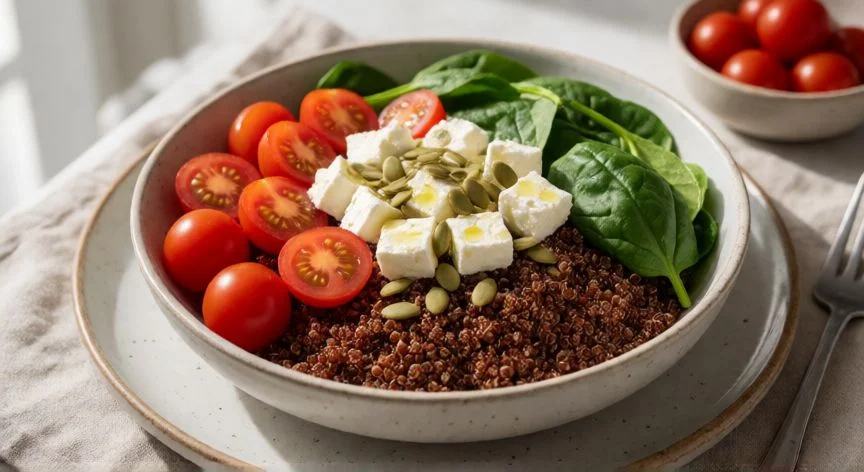 como cocer quinoa roja, Bol de ensalada con quinoa roja cocida, tomates cherry, espinacas, feta y semillas de calabaza