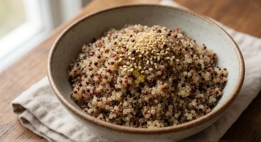 Cuenco de quinoa tricolor cocida con semillas de sésamo y aceite de oliva