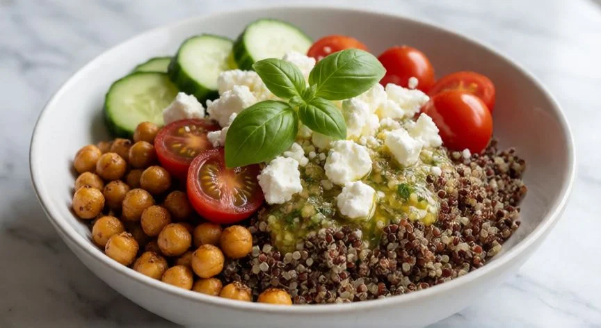 como cocer quinoa tricolor, Bowl mediterráneo de quinoa tricolor con garbanzos, tomate y feta