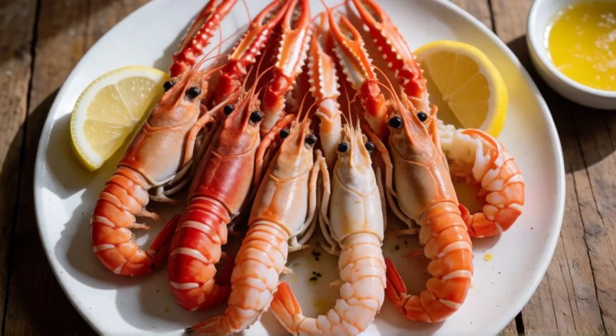 como cocer quisquillas, Quisquillas cocidas en una fuente blanca con rodajas de limón y mantequilla derretida