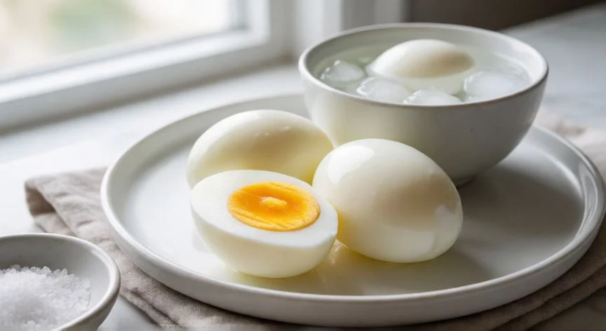 como cocer un huevo, Huevos duros pelados sobre un plato con yema firme y cuenco de agua con hielo