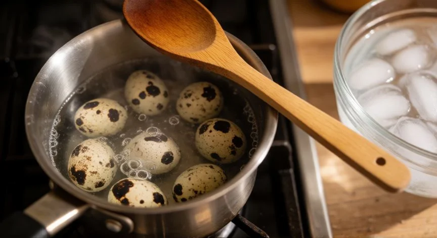 como cocer y pelar huevos de codorniz, Huevos de codorniz cociéndose en una cazuela con agua a ebullición suave sobre una cocina