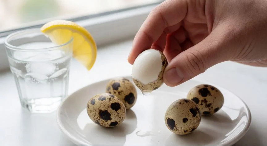 como cocer y pelar huevos de codorniz, Manos pelando un huevo de codorniz cocido sobre un plato blanco con otros huevos ya pelados