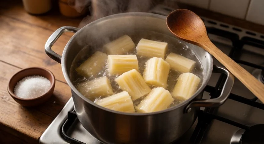 como cocer yuca, Olla con yuca en agua hirviendo sobre la hornilla