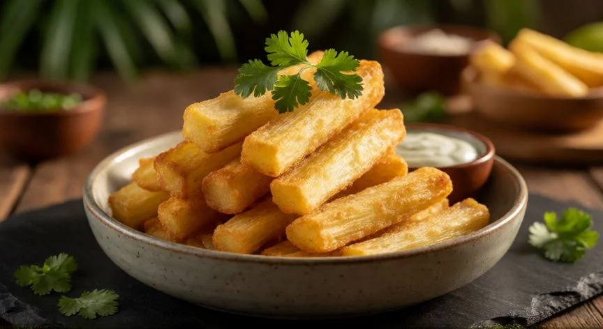 como cocer yuca, Bastones de yuca frita dorada con salsa de lima y cilantro