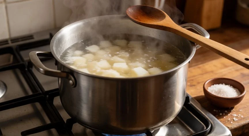 como cocer yuca sin que amargue, Olla con agua hirviendo y trozos de yuca cociéndose sobre el fuego de la cocina