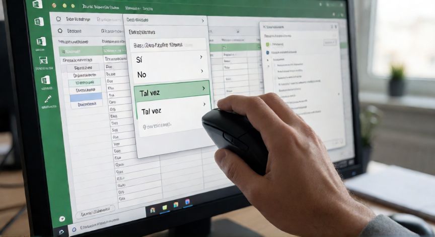 como colocar en excel opciones, Mano seleccionando una opción en lista desplegable de Excel con Validación de datos