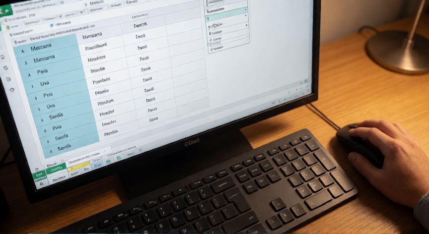 como colocar en excel una lista desplegable, Manos en teclado con Excel mostrando tabla de origen y celda con lista desplegable vinculada