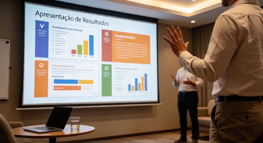 Apresentador em modo apresentação do PowerPoint com slides projetados em tela cheia