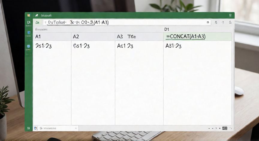 Hoja de cálculo Excel mostrando la fórmula CONCAT uniendo tres celdas sin perder datos