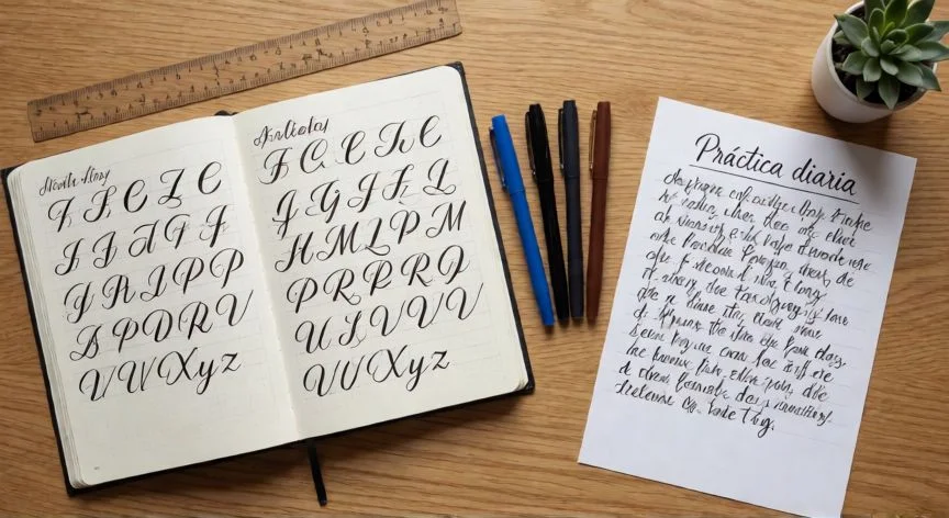 cómo cómo mejorar mi letra, Mesa de trabajo con libro de caligrafía, bolígrafos y papel de práctica