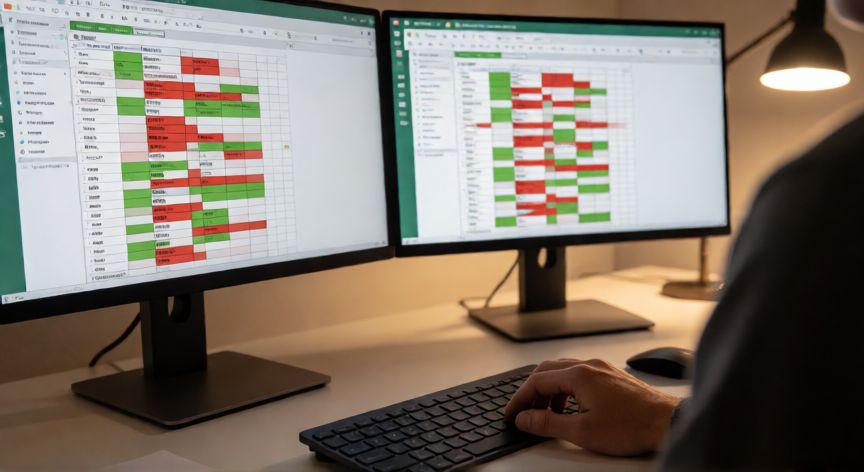 como comparar en excel dos columnas, Persona trabajando en Excel con formato condicional aplicado para visualizar diferencias entre columnas