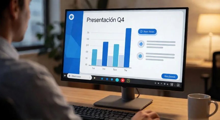 como compartir powerpoint en zoom, Presentador compartiendo una diapositiva de PowerPoint en una reunión de Zoom desde un escritorio