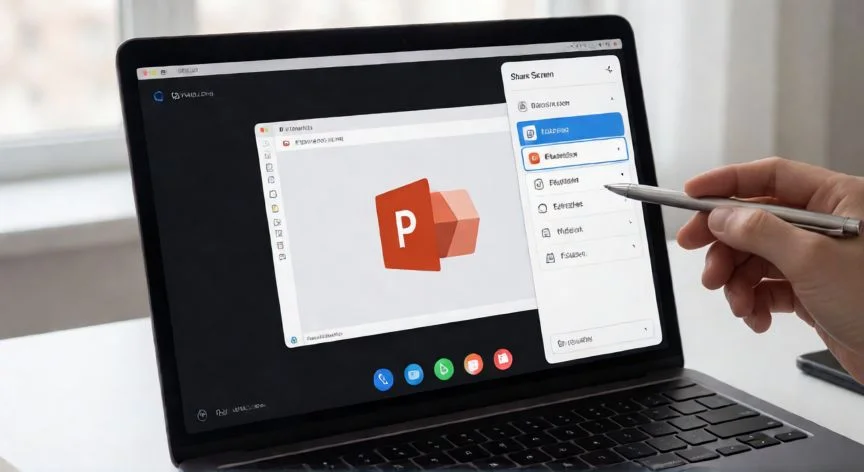 como compartir powerpoint en zoom, Interfaz de Zoom mostrando la opción de compartir pantalla con la ventana de PowerPoint seleccionada