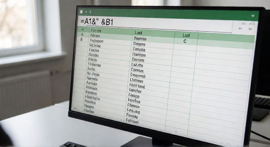 como concatenar en excel y dejar espacio, Hojá de Excel mostrando la fórmula de concatenación con espacio entre dos columnas de nombres