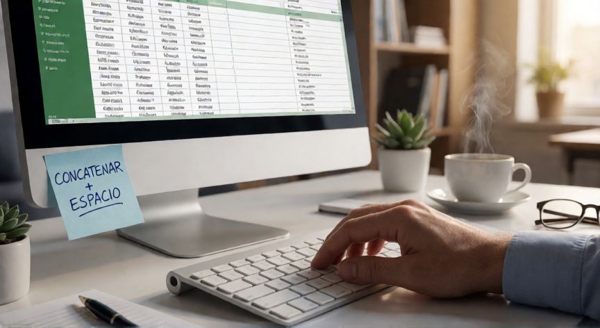como concatenar en excel y dejar espacio, Manos escribiendo en un portátil con Excel abierto mostrando fórmulas de concatenación de textos