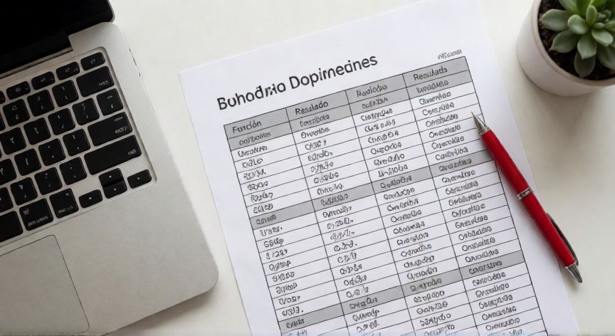 como convertir en excel minusculas a mayusculas, Tabla de referencia con funciones de conversión de texto en Excel impresa junto al portátil