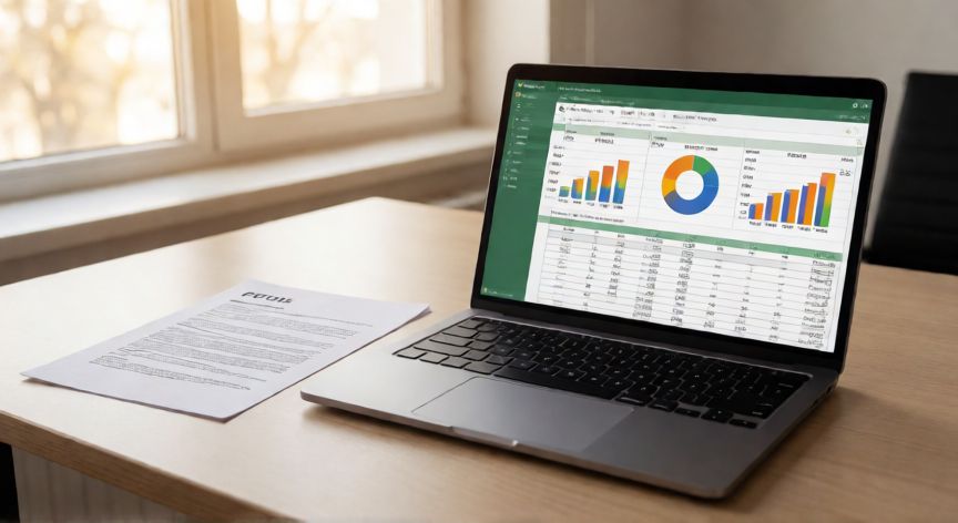 como convertir excel en pdf, Ordenador con Excel abierto y documento PDF impreso en escritorio de oficina