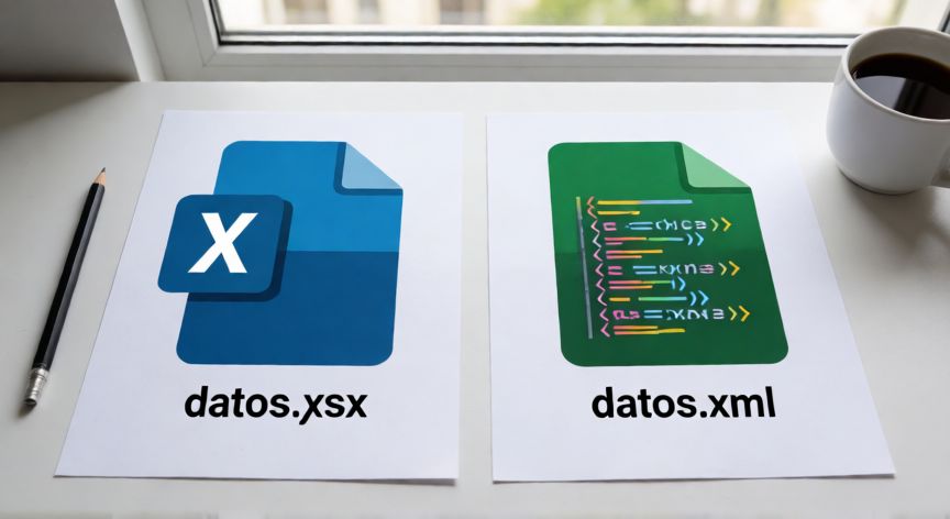 como convertir excel en xml, Comparación visual de un archivo Excel y su versión convertida a XML sobre un escritorio