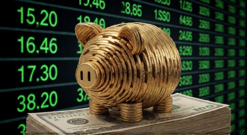 como conviene ahorrar hoy en argentina, Cerdito de ahorros dorado sobre billetes con cinta bursátil de fondo