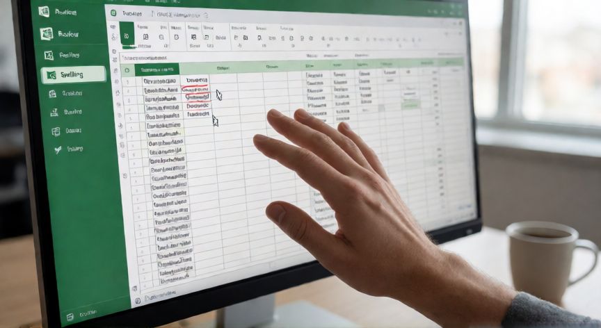 como corregir en excel ortografia, Pantalla de Excel mostrando el corrector ortográfico activo en la pestaña Revisar