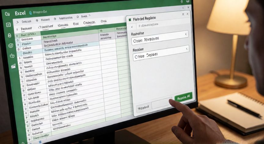como corregir en excel ortografia, Diálogo de Buscar y Reemplazar de Excel abierto sobre una hoja de cálculo con texto en español