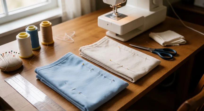 como coser 2 telas, Espacio de costura con dos telas alineadas con alfileres y máquina de coser al fondo