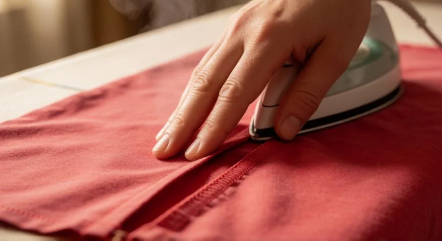 como coser 2 telas, Manos planchando una costura recién cosida en tela de algodón rojo con vapor del planchado