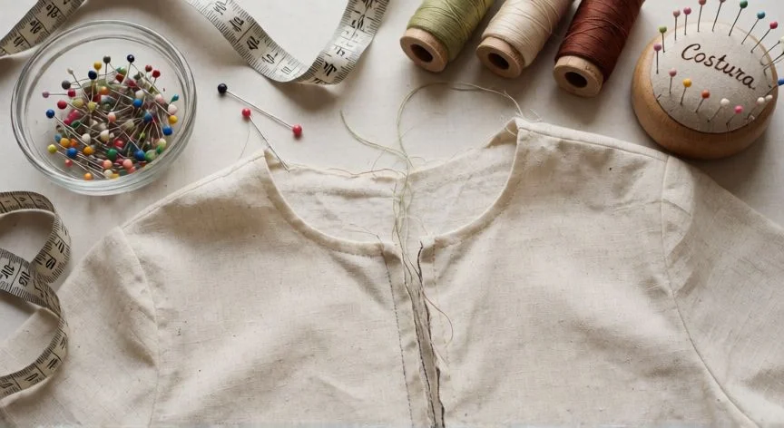 como coser 2 telas a mano, Espacio de costura con prenda de lino cosida a mano, alfileres, hilo y cinta métrica vistos desde arriba
