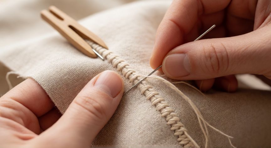 como coser a mano, Detalle de una puntada de atrás cosida a mano sobre tela de lino beige con aguja atravesando la tela