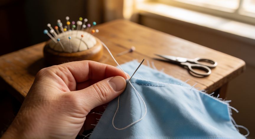 como coser a mano dos telas, Manos cosiendo a mano dos telas de algodón con aguja e hilo blanco