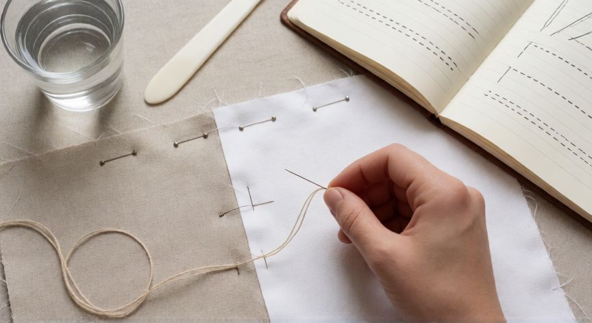como coser a mano dos telas, Espacio de trabajo de costura con dos telas sujetadas con alfileres y aguja de coser a mano