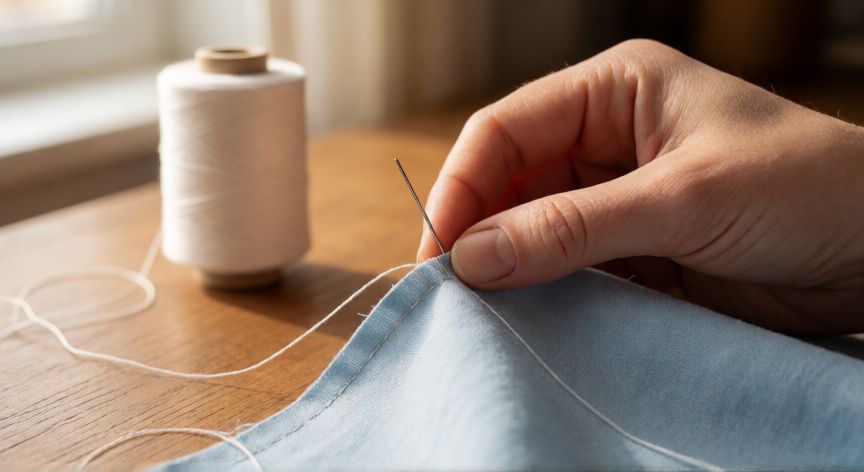 como coser a mano para que no se deshilache la tela, Manos cosiendo a mano un punto de forrar en el borde de una tela de algodón azul claro