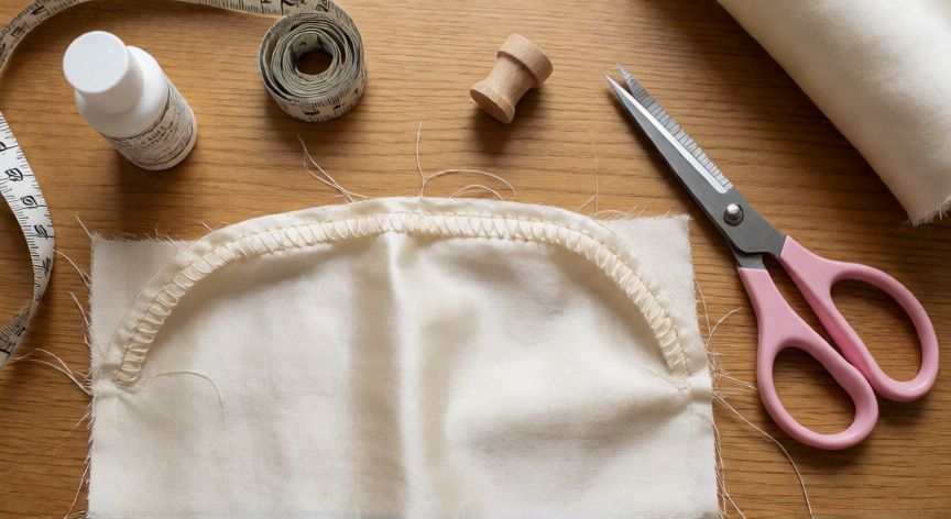 como coser a mano para que no se deshilache la tela, Vista cenital de un taller de costura con costura francesa en seda, tijeras festoneadas y spray anti-deshilachado