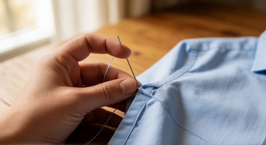 como coser a mano sin que se note, Manos cosiendo un dobladillo en una camisa de algodón azul claro con hilo a juego