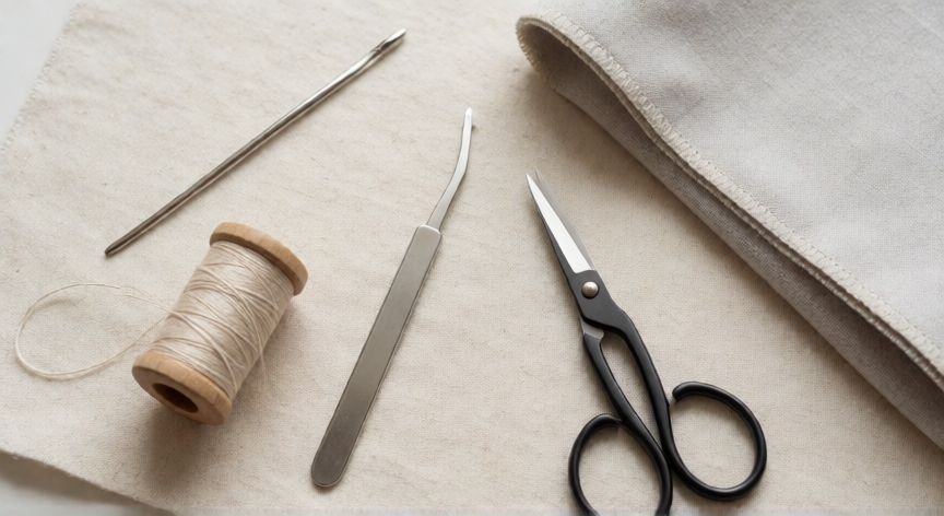 como coser a mano sin que se note, Herramientas de cosido a mano sobre tela lino con un dobladillo invisible terminado