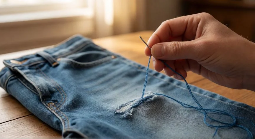 Manos cosiendo a mano una raja en unos vaqueros azules sobre una mesa de madera