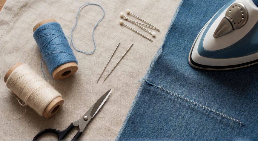 como coser a mano una raja en un pantalón, Kit de costura con agujas, hilo, tijeras y tela denim con cosido reparado visto desde arriba