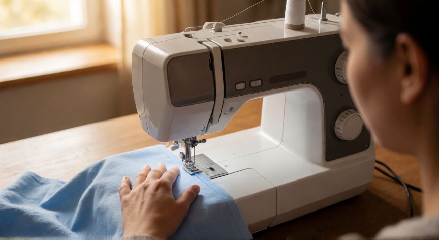como coser a maquina, Manos cosiendo tela de algodón en una máquina de coser doméstica con buena iluminación natural