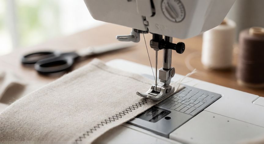 como coser a maquina, Primer plano de la aguja y prensatelas con puntada zigzag sobre tela de lino beige