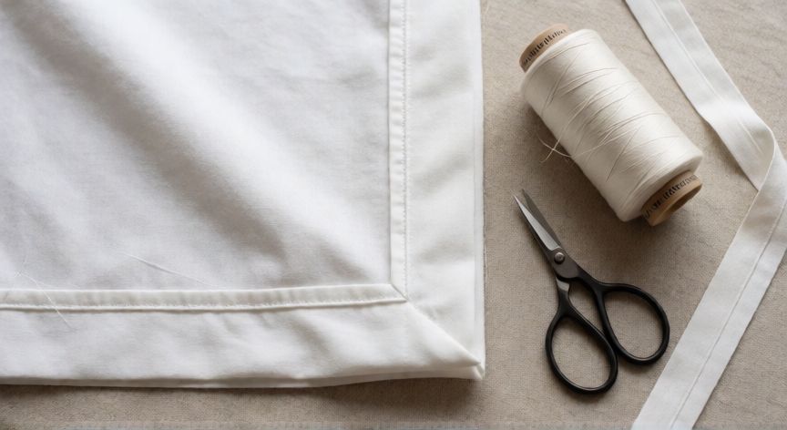 como coser a máquina para que no se deshilache la tela, Borde de tela con dobladillo francés cosido y planchado junto a bobina de hilo y cinta de bias