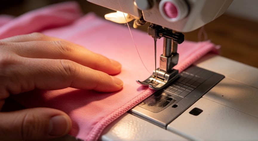 como coser a maquina tela elastica, Manos cosiendo tela elástica de lycra con puntada zig-zag en máquina de coser doméstica