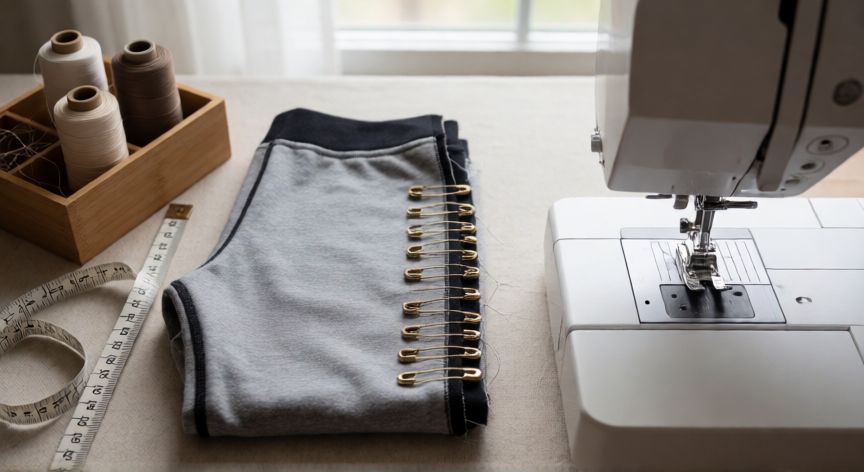 como coser a maquina tela elastica, Mesa de costura con leggings en proceso, alfileres en vertical y puntilla rodete junto a la máquina