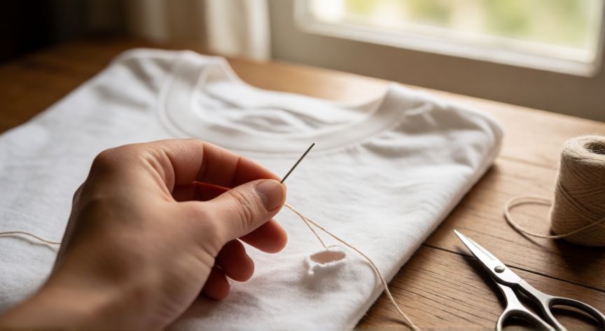 como coser agujero camiseta, Manos cosiendo un agujero pequeño en una camiseta blanca de algodón con aguja e hilo beige