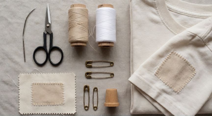 como coser agujero camiseta, Kit de costura para reparar camisetas con aguja, hilo, tijeras y parche sobre fondo de lino gris