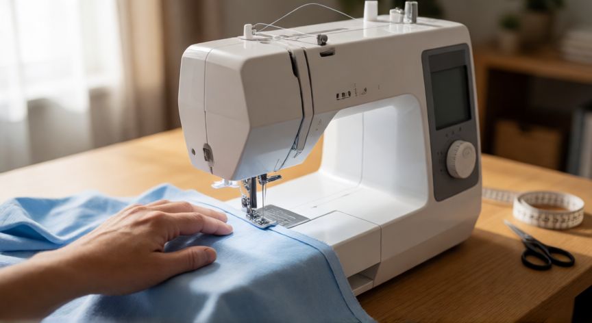 como coser automaticos, Manos cosiendo tela azul en una máquina de coser automática sobre mesa de trabajo