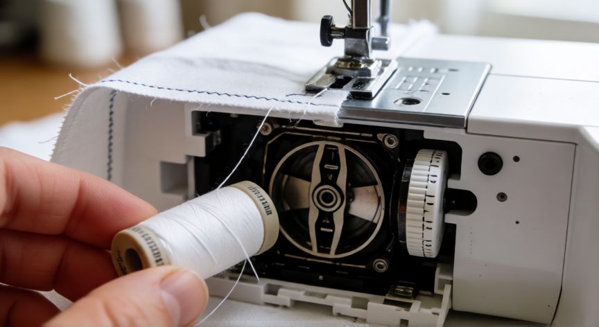 como coser automaticos, Compartimento de la bobina inferior de máquina de coser con hilo blanco encajado