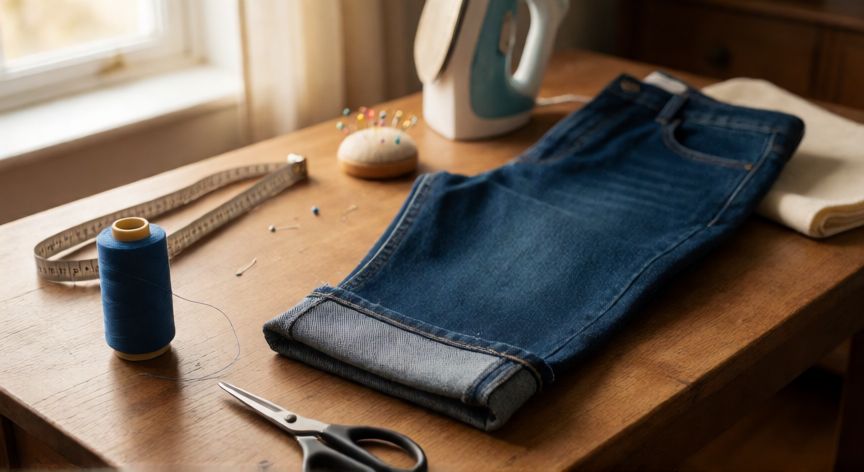 como coser bajos de pantalones, Pantalones de denim con el bajo doblado y sujeto con alfileres sobre una mesa de costura