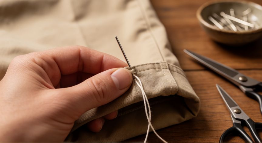como coser bajos de pantalones, Manos cosiendo a mano el dobladillo de un pantalón con puntada invisible