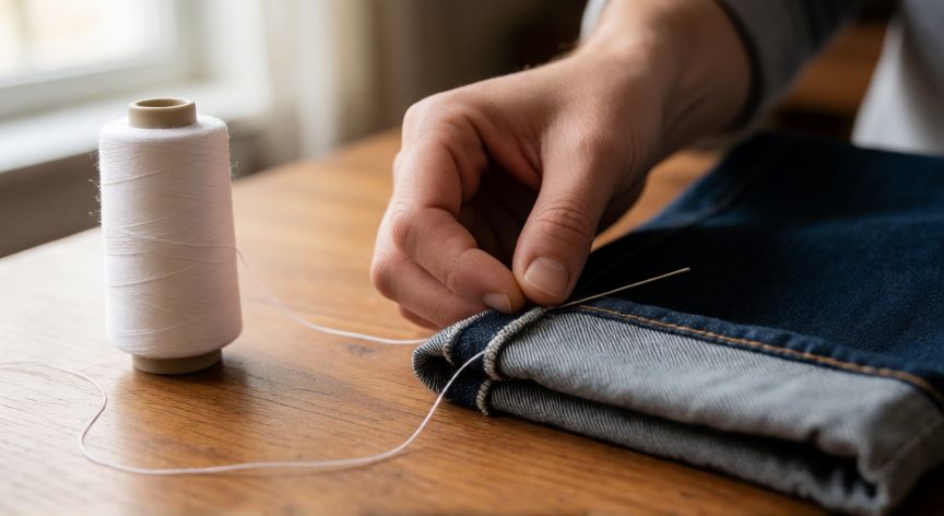 como coser bajos de pantalones a mano, Manos cosiendo el bajo de unos pantalones vaqueros a mano con aguja e hilo